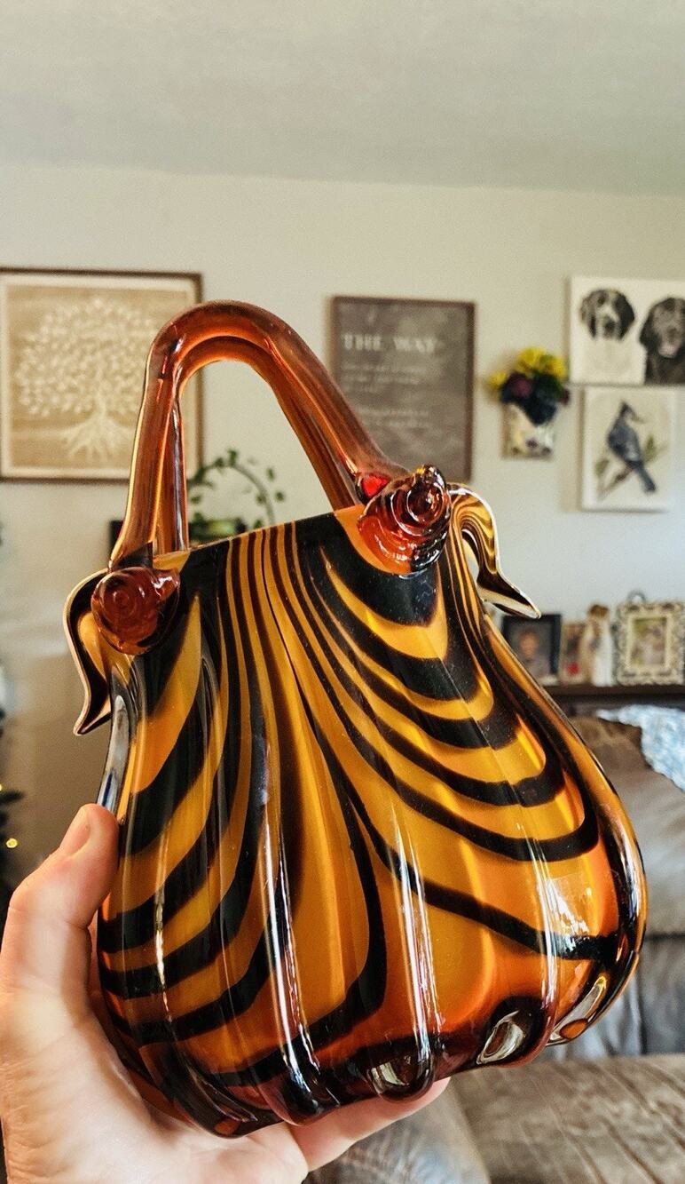 Mid 20th Century Hand Blown Art Glass Brown Black Animal print Applied Handle